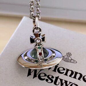 Vivienne Westwood Silver Saturn Orb Pendant Necklace with Mint Green